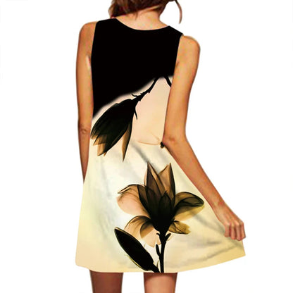 2024 European And American Cross-Border Women'S Clothing New Dress V-Neck Sleeveless Sexy Printed Large Hem Medium Length Dress