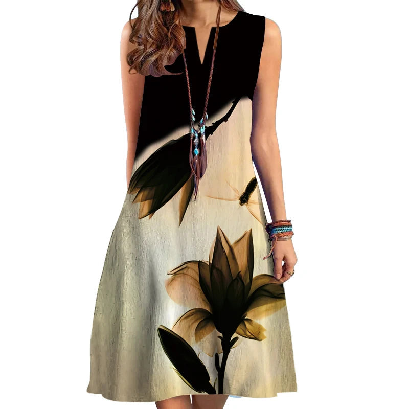 2024 European And American Cross-Border Women'S Clothing New Dress V-Neck Sleeveless Sexy Printed Large Hem Medium Length Dress