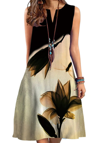 2024 European And American Cross-Border Women'S Clothing New Dress V-Neck Sleeveless Sexy Printed Large Hem Medium Length Dress