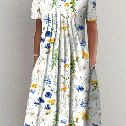 2024 New Spring And Summer Women'S Elegant Large Skirt Round Neck Printed Short-Sleeved Dress