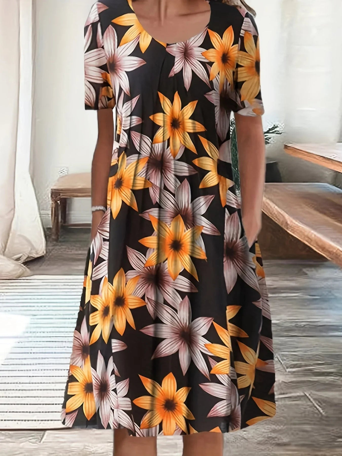 2024 New Spring And Summer Women'S Elegant Large Skirt Round Neck Printed Short-Sleeved Dress