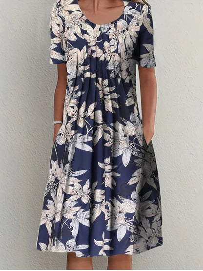 2024 New Spring And Summer Women'S Elegant Large Skirt Round Neck Printed Short-Sleeved Dress