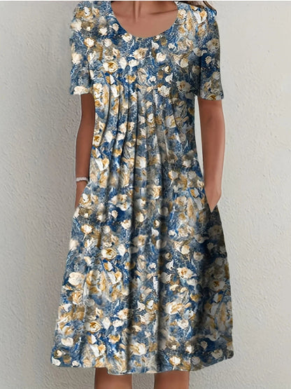2024 New Spring And Summer Women'S Elegant Large Skirt Round Neck Printed Short-Sleeved Dress