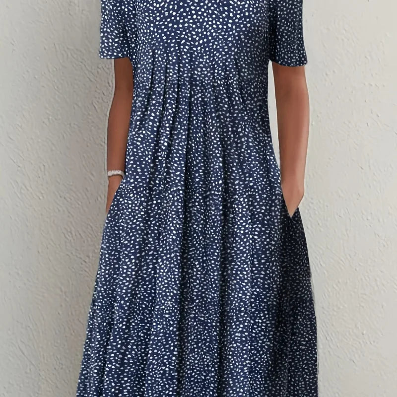 2024 New Spring And Summer Women'S Elegant Large Skirt Round Neck Printed Short-Sleeved Dress