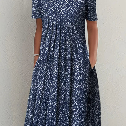 2024 New Spring And Summer Women'S Elegant Large Skirt Round Neck Printed Short-Sleeved Dress