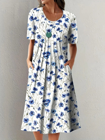 2024 New Spring And Summer Women'S Elegant Large Skirt Round Neck Printed Short-Sleeved Dress