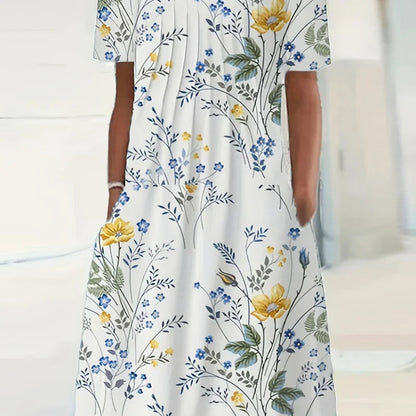 2024 New Spring And Summer Women'S Elegant Large Skirt Round Neck Printed Short-Sleeved Dress