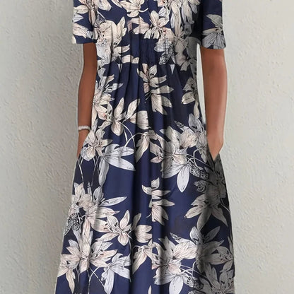 2024 New Spring And Summer Women'S Elegant Large Skirt Round Neck Printed Short-Sleeved Dress