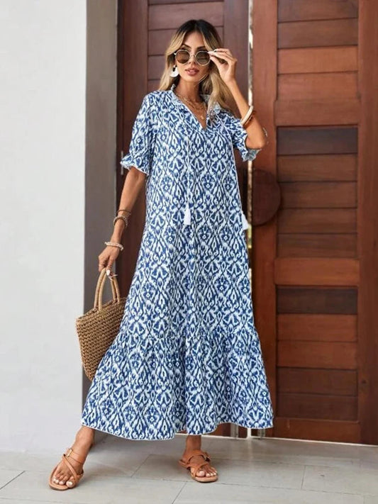 2024 Sping Summer Boho Women Maxi Dress Casual Short Sleeve A-Line Flounce Beach Woman Chiffon Dresses Floral Vestidoes Mujer