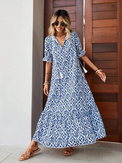 2024 Sping Summer Boho Women Maxi Dress Casual Short Sleeve A-Line Flounce Beach Woman Chiffon Dresses Floral Vestidoes Mujer