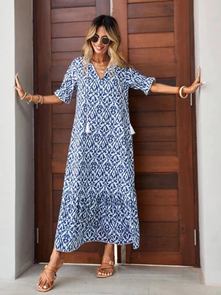 2024 Sping Summer Boho Women Maxi Dress Casual Short Sleeve A-Line Flounce Beach Woman Chiffon Dresses Floral Vestidoes Mujer