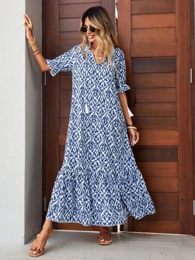 2024 Sping Summer Boho Women Maxi Dress Casual Short Sleeve A-Line Flounce Beach Woman Chiffon Dresses Floral Vestidoes Mujer