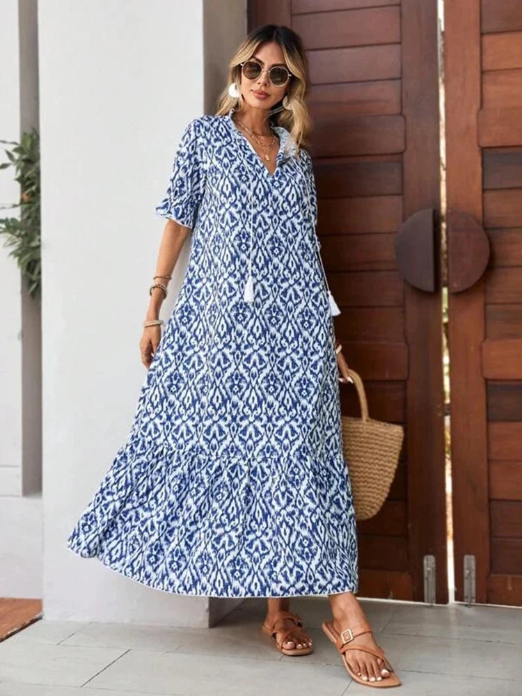 2024 Sping Summer Boho Women Maxi Dress Casual Short Sleeve A-Line Flounce Beach Woman Chiffon Dresses Floral Vestidoes Mujer