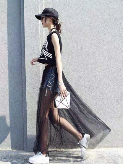 2024 Summer Long Lace Skirt Women Black White Mesh Voile Casual Skirts Low Waist Bohemian Sexy Transparent Maxi Wear