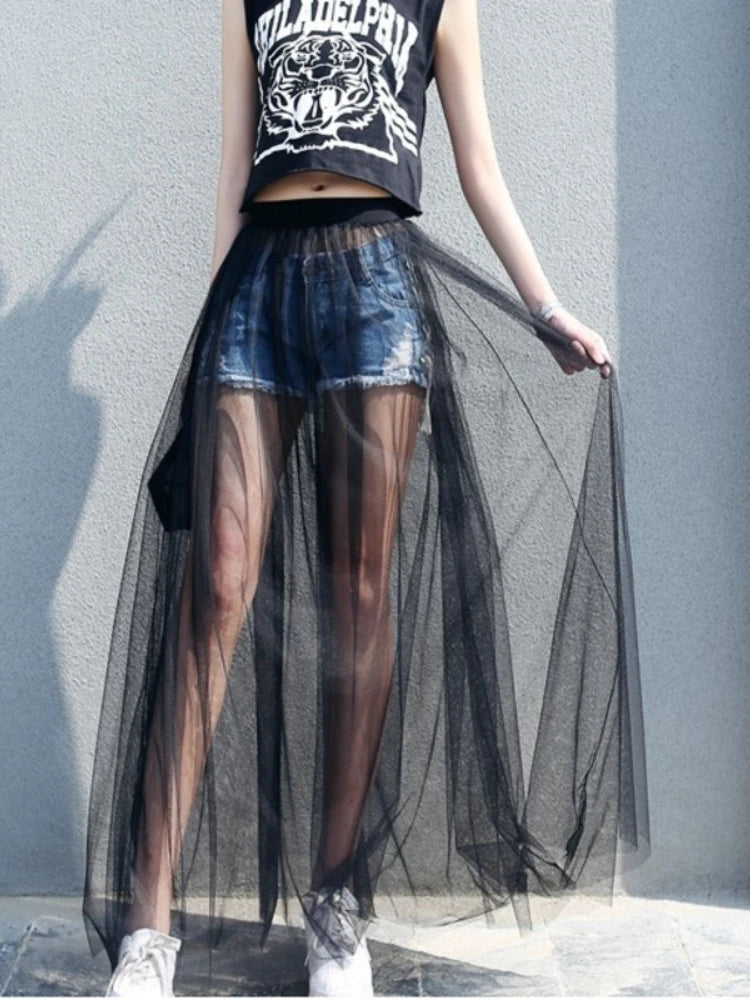 2024 Summer Long Lace Skirt Women Black White Mesh Voile Casual Skirts Low Waist Bohemian Sexy Transparent Maxi Wear