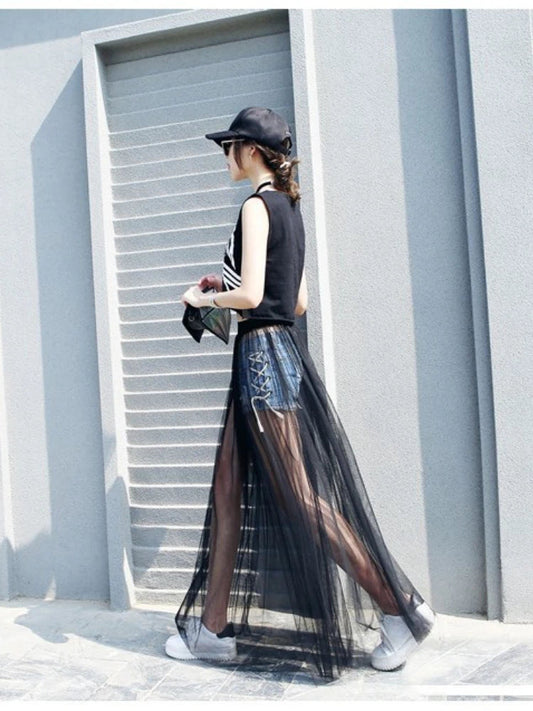 2024 Summer Long Lace Skirt Women Black White Mesh Voile Casual Skirts Low Waist Bohemian Sexy Transparent Maxi Wear