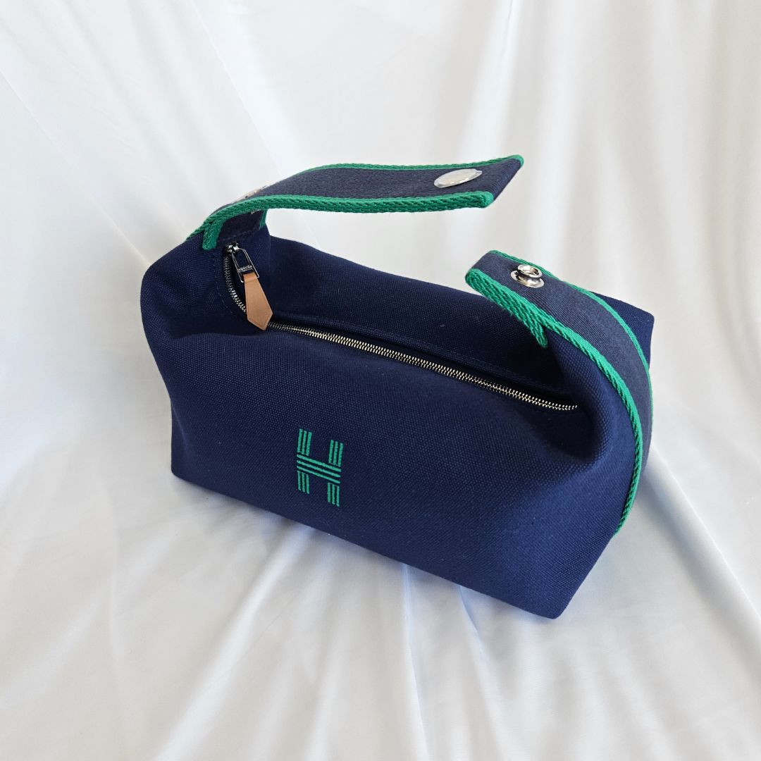 Hermes Blue Canvas Toile Bride-A-Brac Small Travel Case