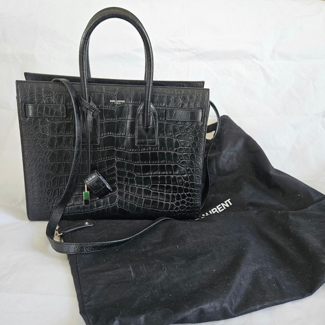 Saint Laurent Sac de Jour Tote Black Croc Embossed Bag