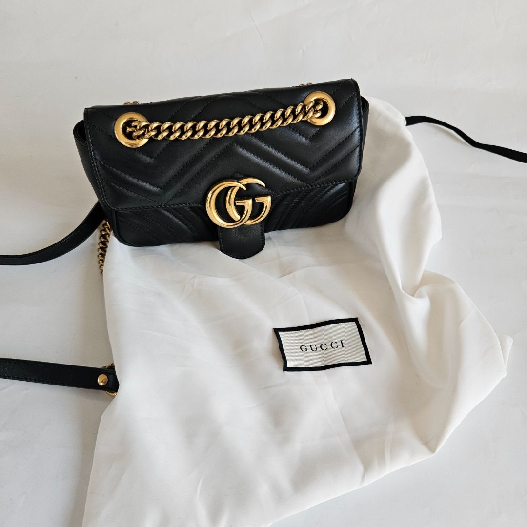 Gucci Black Calfskin Matelasse Small GG Marmont Shoulder Bag