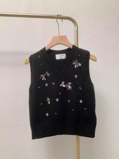 CC Sequined ribbed V-neck knitted vest