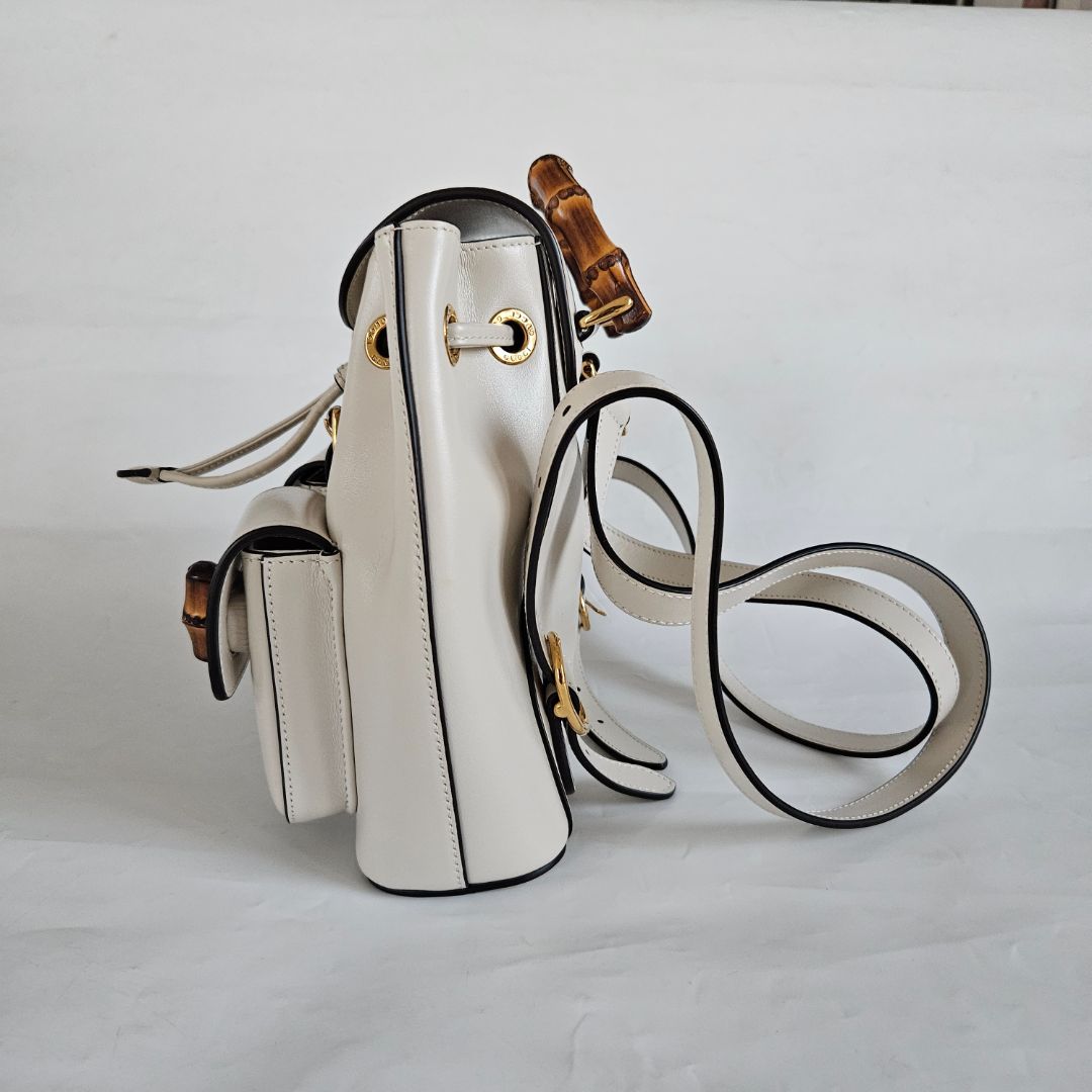 Gucci White Leather Bamboo Backbag