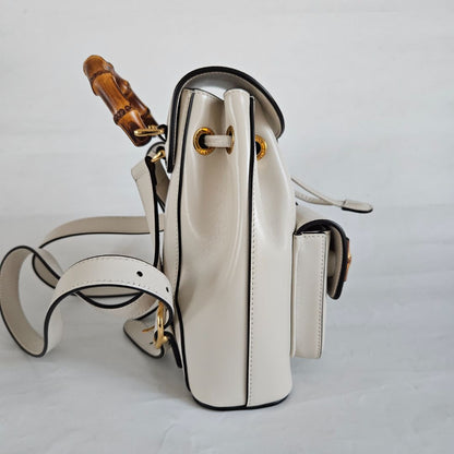 Gucci White Leather Bamboo Backbag
