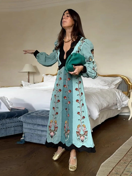 2025 New In Patchwork Print Maxi Dress For Women Elegant Long Lantern Sleeve Chic Floral Long Dress Female Beach Party Vestidos