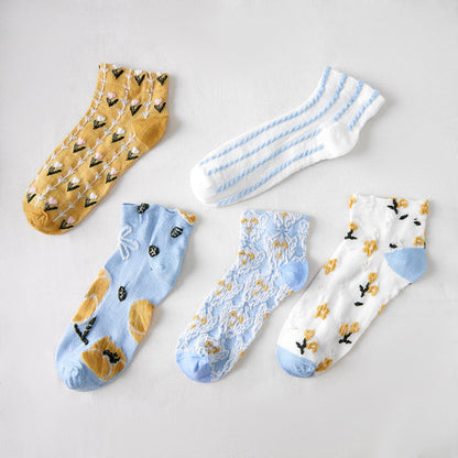 Rufia - Vintage Floral Blue and Yellow Low-Cut Socks