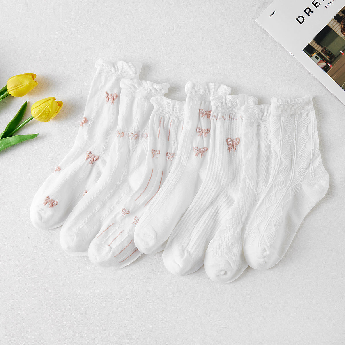 Rufia - White Rolled Edge Socks for Women