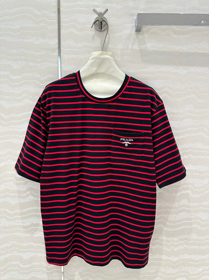Prada Striped Short-sleeved T-shirt Red mix Black Cotton