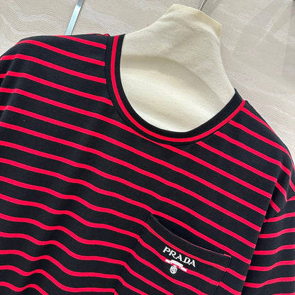 Prada Striped Short-sleeved T-shirt Red mix Black Cotton