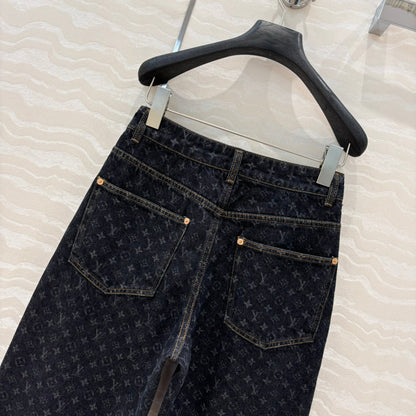 LV 25 Jacquard Logo Denim Trousers Black Cotton