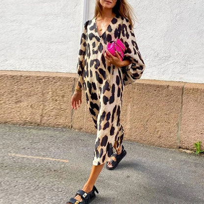 Autumn And Winter New Fashion Leopard Pattern Loose Lantern Sleeve Dress Long Dress