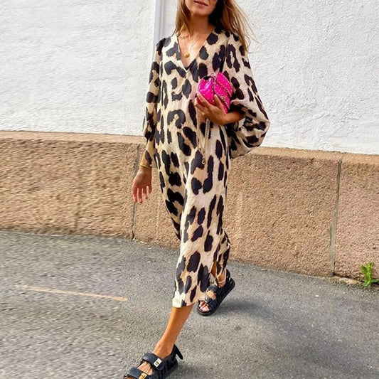 Autumn And Winter New Fashion Leopard Pattern Loose Lantern Sleeve Dress Long Dress