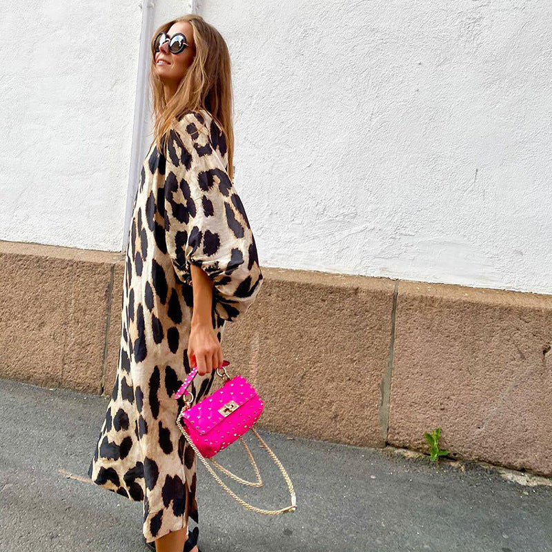 Autumn And Winter New Fashion Leopard Pattern Loose Lantern Sleeve Dress Long Dress