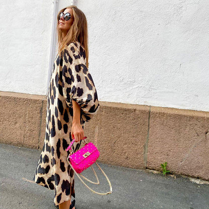 Autumn And Winter New Fashion Leopard Pattern Loose Lantern Sleeve Dress Long Dress