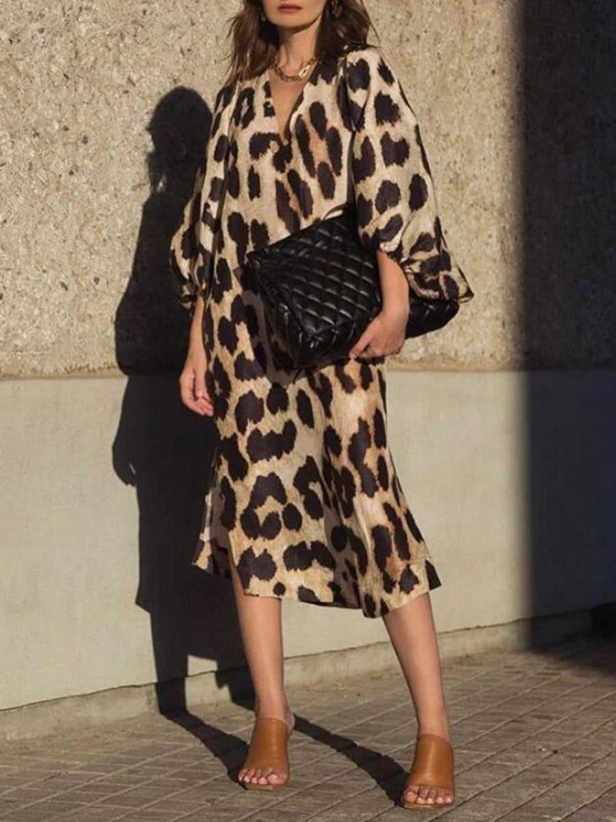 Autumn And Winter New Fashion Leopard Pattern Loose Lantern Sleeve Dress Long Dress