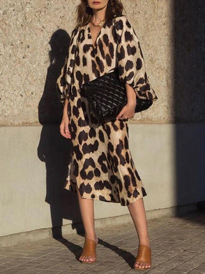 Autumn And Winter New Fashion Leopard Pattern Loose Lantern Sleeve Dress Long Dress