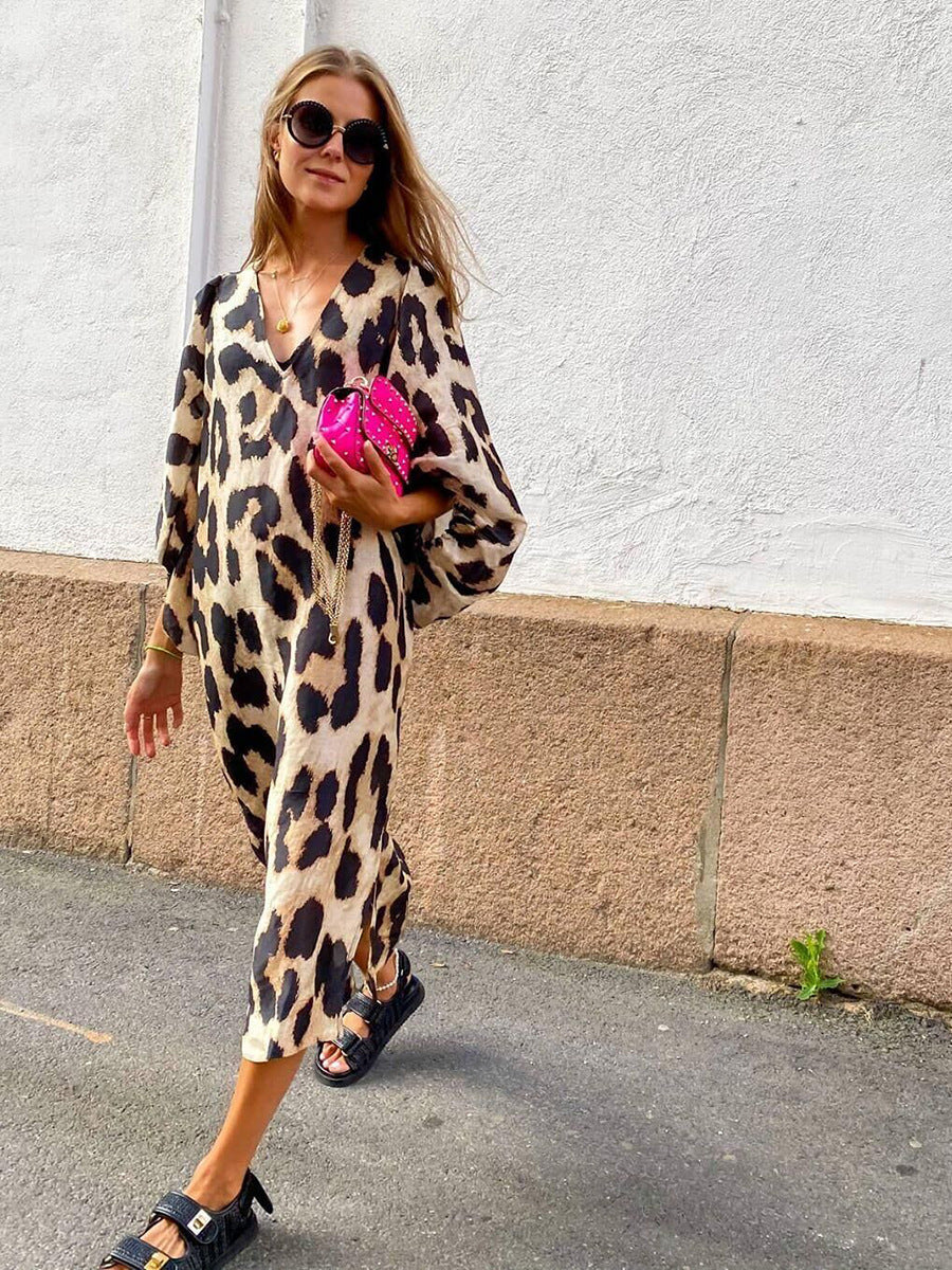 Autumn And Winter New Fashion Leopard Pattern Loose Lantern Sleeve Dress Long Dress