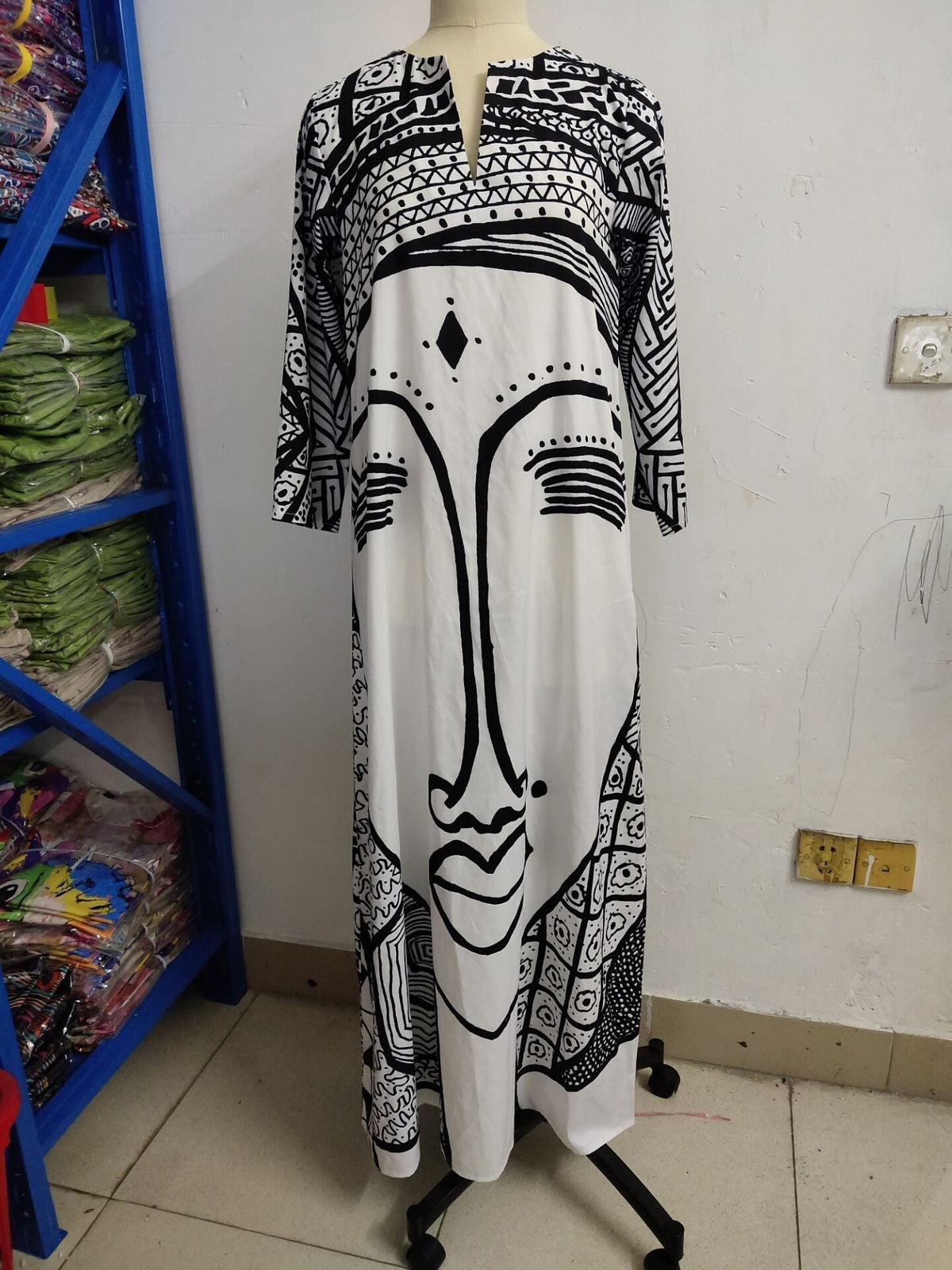 Art Black And White Print Spring And Summer New Women'S Fashion Face Print Loose Large Size Dress