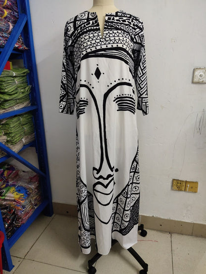 Art Black And White Print Spring And Summer New Women'S Fashion Face Print Loose Large Size Dress