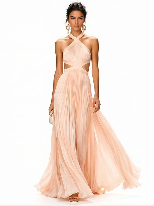 Amara Pleated Cut-Out Halter Maxi Dress