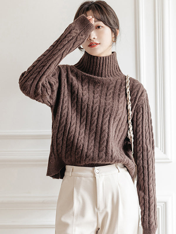 Casual Long Sleeves Loose Solid Color High-Neck Sweater Tops