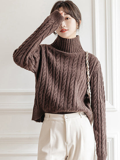 Casual Long Sleeves Loose Solid Color High-Neck Sweater Tops