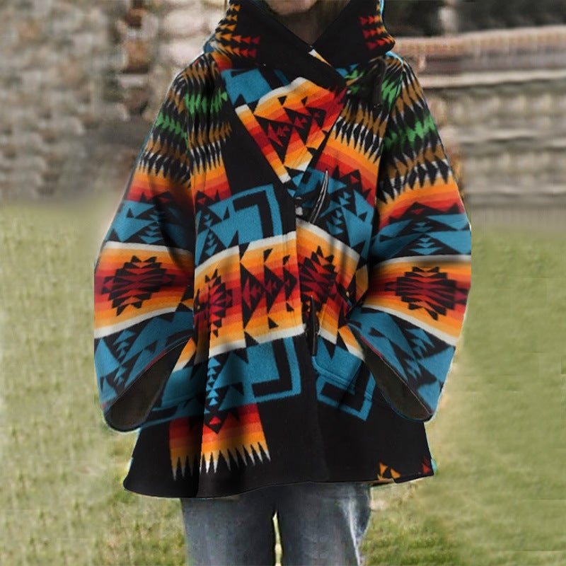 Long Sleeve Hooded Coat Printed Woolen Coat