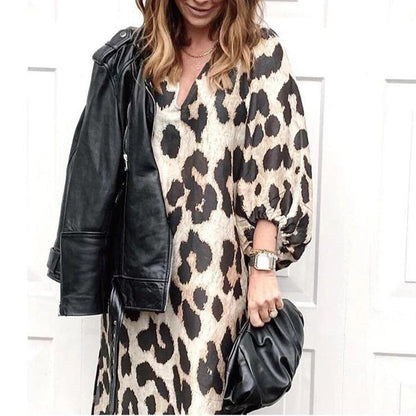 Autumn And Winter New Fashion Leopard Pattern Loose Lantern Sleeve Dress Long Dress