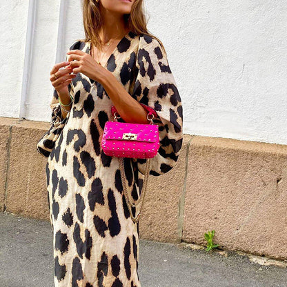 Autumn And Winter New Fashion Leopard Pattern Loose Lantern Sleeve Dress Long Dress