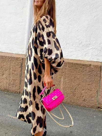 Autumn And Winter New Fashion Leopard Pattern Loose Lantern Sleeve Dress Long Dress