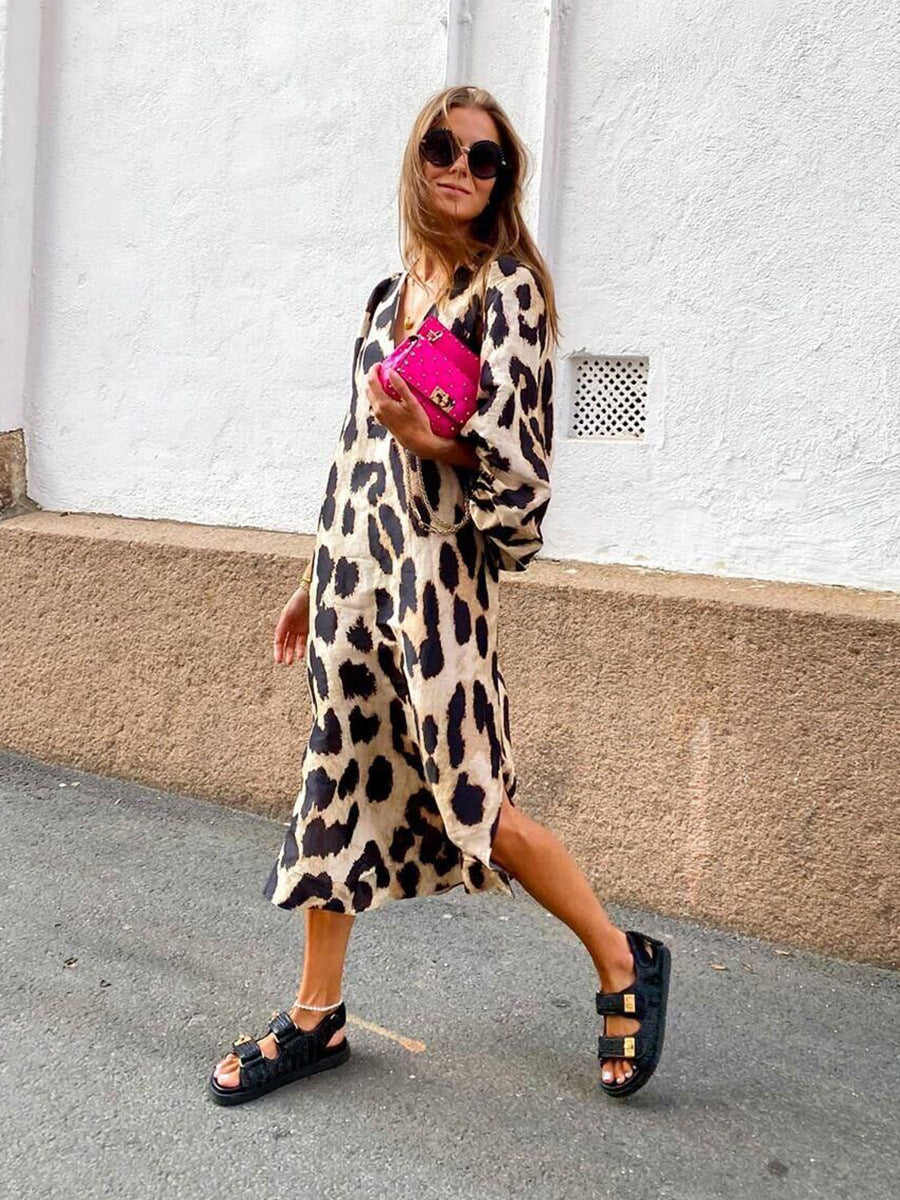 Autumn And Winter New Fashion Leopard Pattern Loose Lantern Sleeve Dress Long Dress