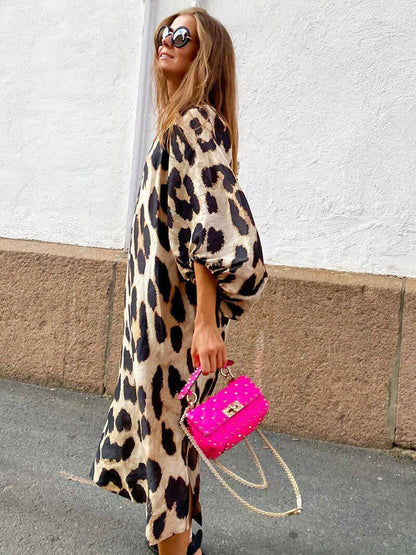 Autumn And Winter New Fashion Leopard Pattern Loose Lantern Sleeve Dress Long Dress